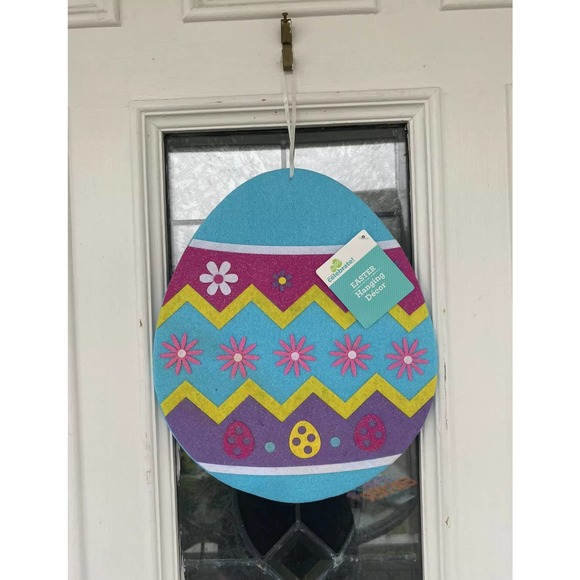 Yellow Blue Purple Glitter Flowers Easter Egg Wreath Wall Decor Door Sign Plaque - Picture 4 of 6